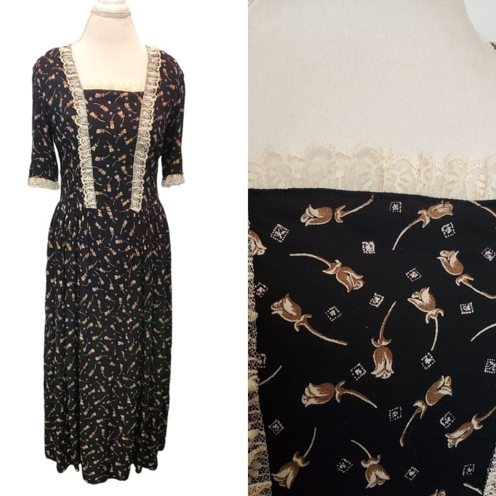 Black Floral Prairie Dress Ruffle Lace Maxi Sz 6 8 Dark Cottagecore VTG 70s 80s